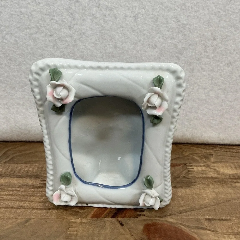 Vintage 1980s Cottagecore Mini Porcelain Picture Frame Pink Flower 4.25